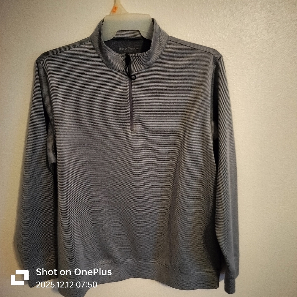 Mens Hickey Freeman 1/4 Zip Performance Casual Pullover Gray/White‎ Strip Size L